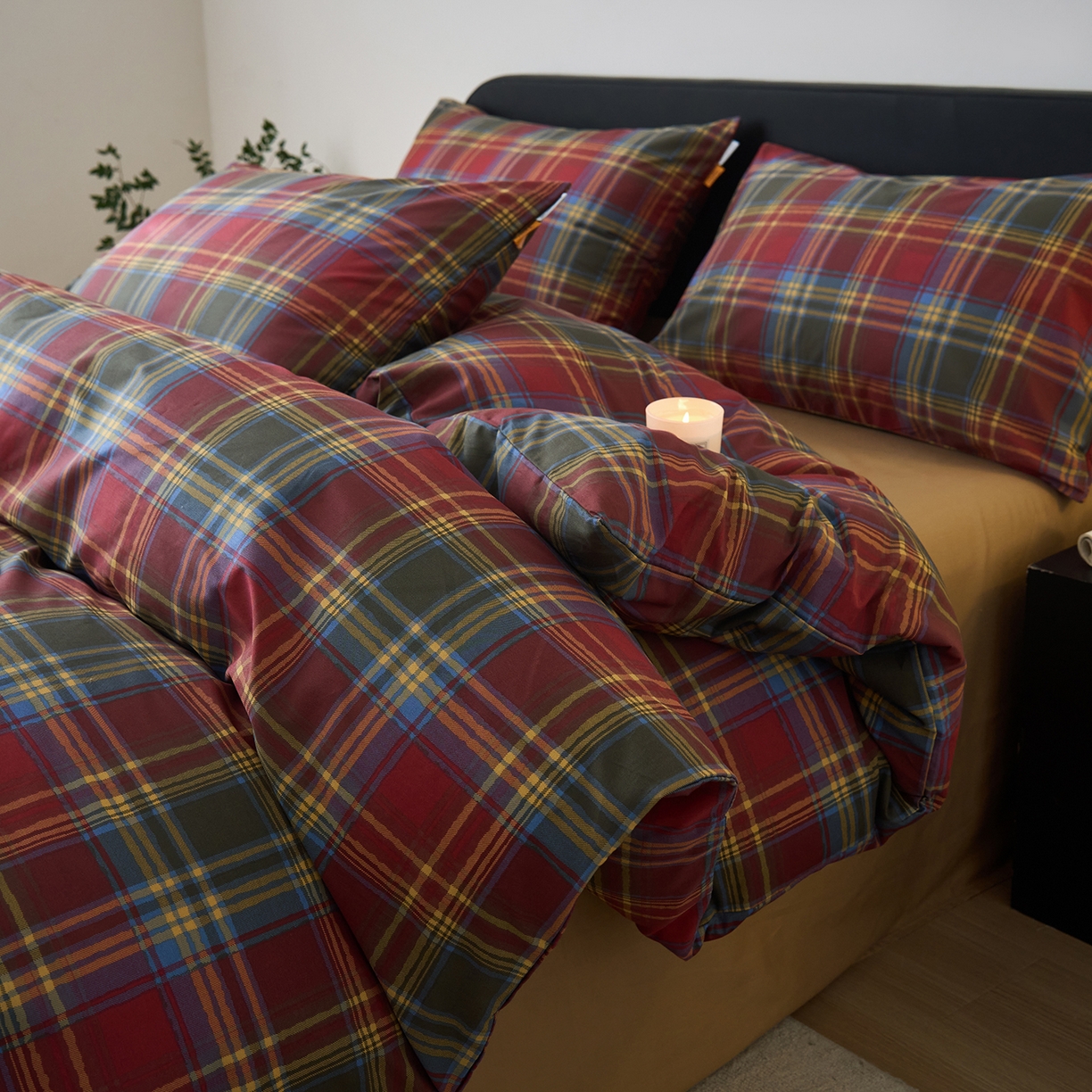 91家纺网 家纺一手货源 找家纺 简宜家居（朝初家纺） 2026新款简约格子40支13070纯棉全棉四件套 英伦-炽焰红