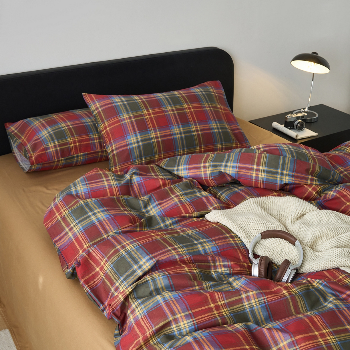 91家纺网 家纺一手货源 找家纺 简宜家居（朝初家纺） 2026新款简约格子40支13070纯棉全棉四件套 英伦-炽焰红