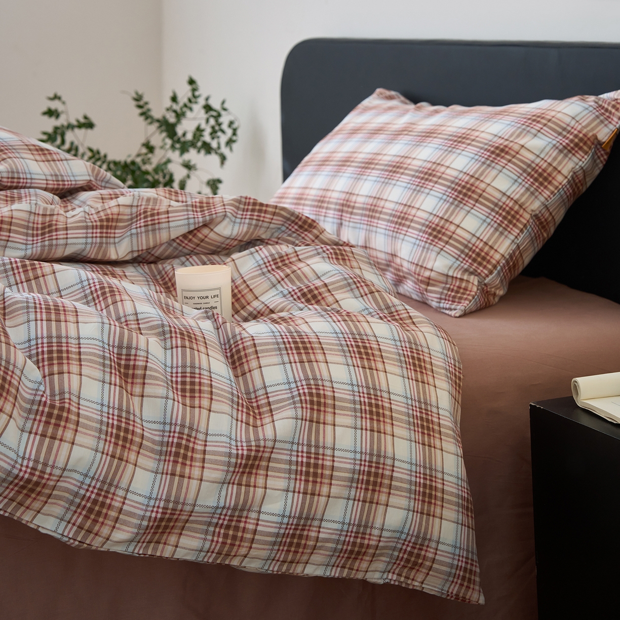 91家纺网 家纺一手货源 找家纺 简宜家居（朝初家纺） 2026新款简约格子40支13070纯棉全棉四件套 英伦-焦糖