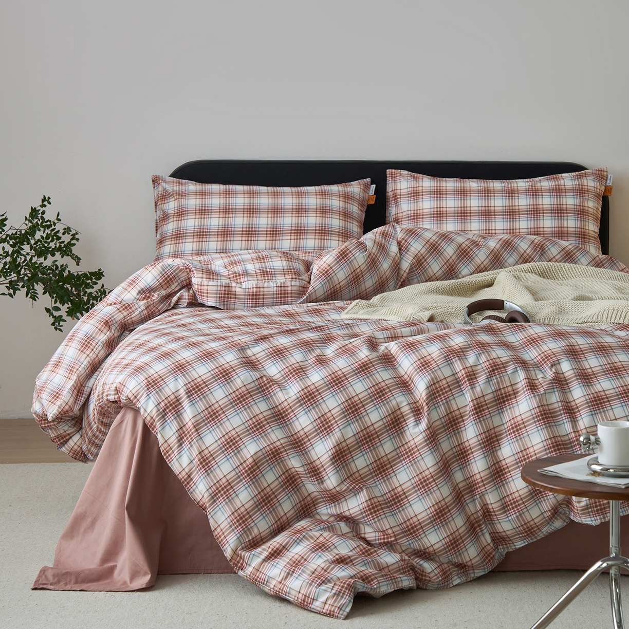 91家纺网 家纺一手货源 找家纺 简宜家居（朝初家纺） 2026新款简约格子40支13070纯棉全棉四件套 英伦-焦糖