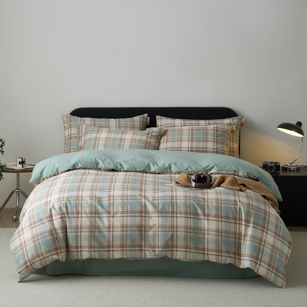 91家纺网 家纺一手货源 找家纺 简宜家居（朝初家纺） 2026新款简约格子40支13070纯棉全棉四件套 英伦-蓝咖