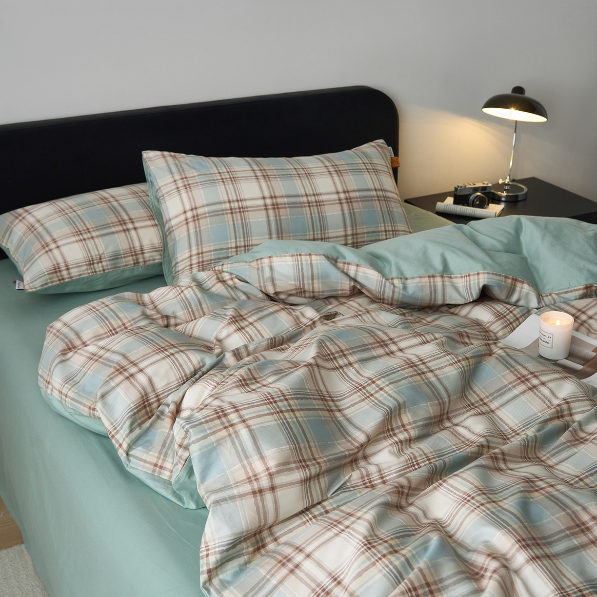 91家纺网 家纺一手货源 找家纺 简宜家居（朝初家纺） 2026新款简约格子40支13070纯棉全棉四件套 英伦-蓝咖