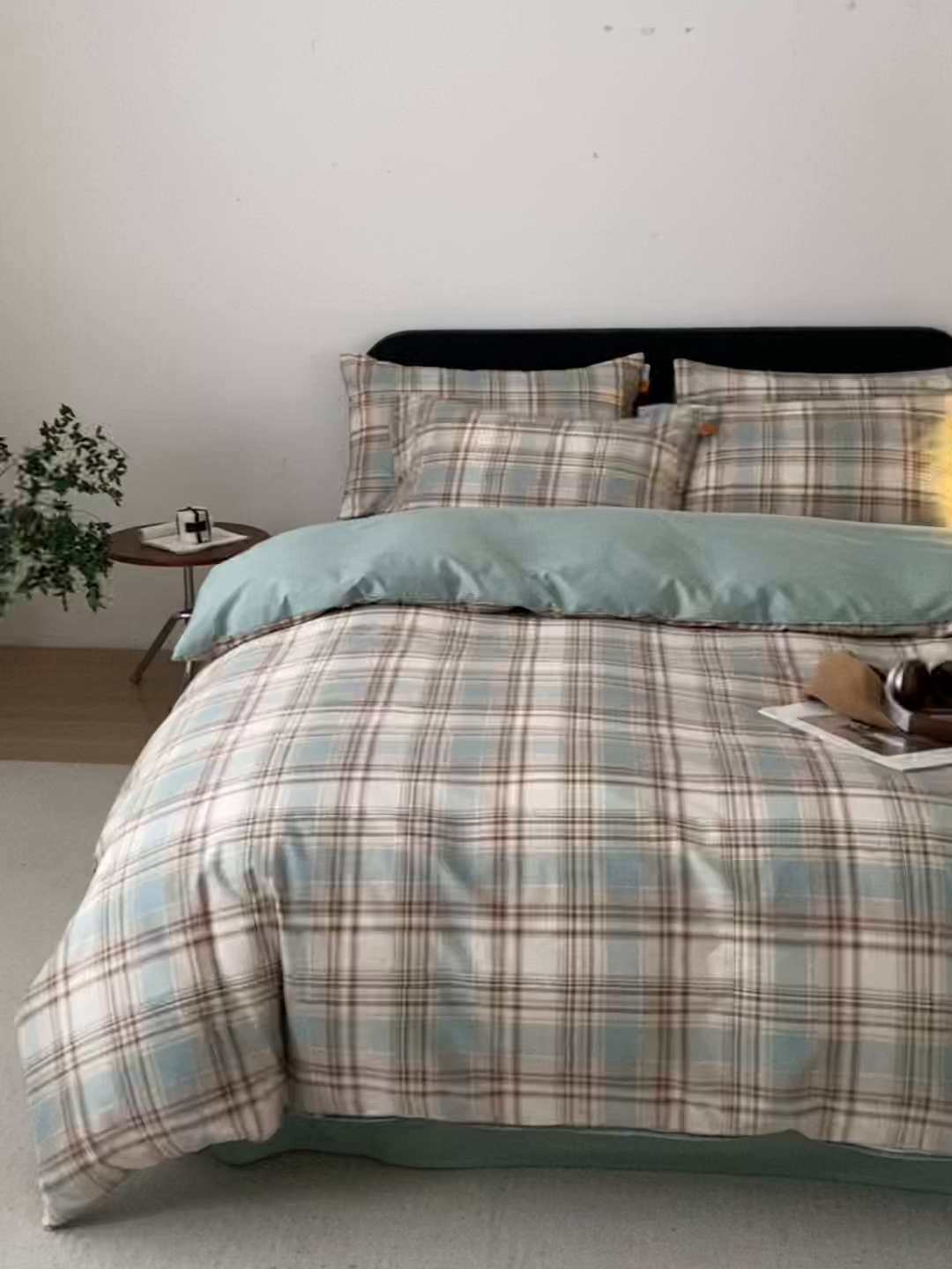 91家纺网 家纺一手货源 找家纺 简宜家居（朝初家纺） 2026新款简约格子40支13070纯棉全棉四件套 英伦-蓝咖