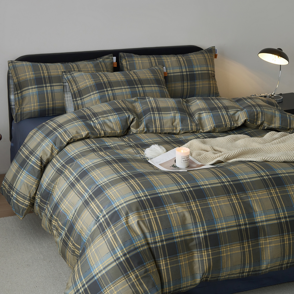 91家纺网 家纺一手货源 找家纺 简宜家居（朝初家纺） 2026新款简约格子40支13070纯棉全棉四件套 英伦-青澜