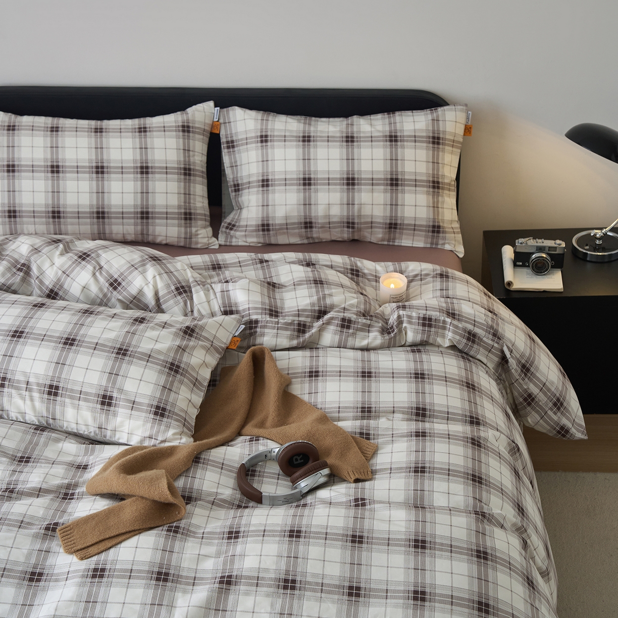91家纺网 家纺一手货源 找家纺 简宜家居（朝初家纺） 2026新款简约格子40支13070纯棉全棉四件套 英伦-棕咖