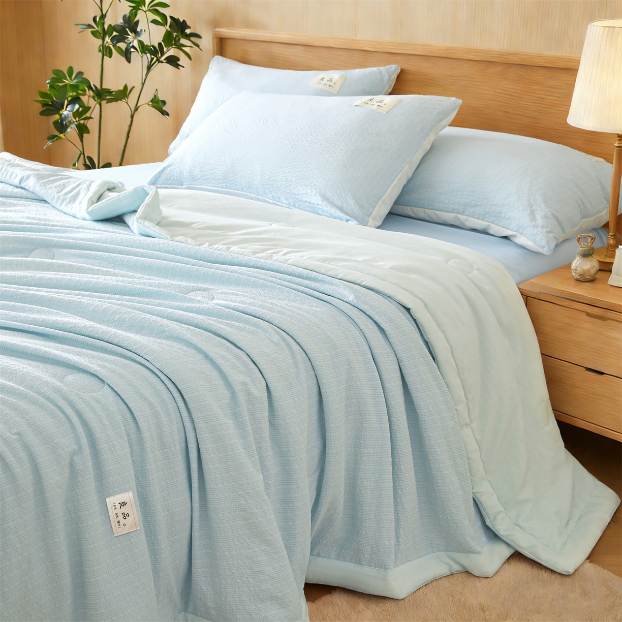 91家纺网 家纺一手货源 找家纺 招财星家纺 2026新款A类奶芙棉大豆夏被四件套空调被被子夏凉被芯薄被子（带质检报告买家秀） 奶芙芙-浅蓝