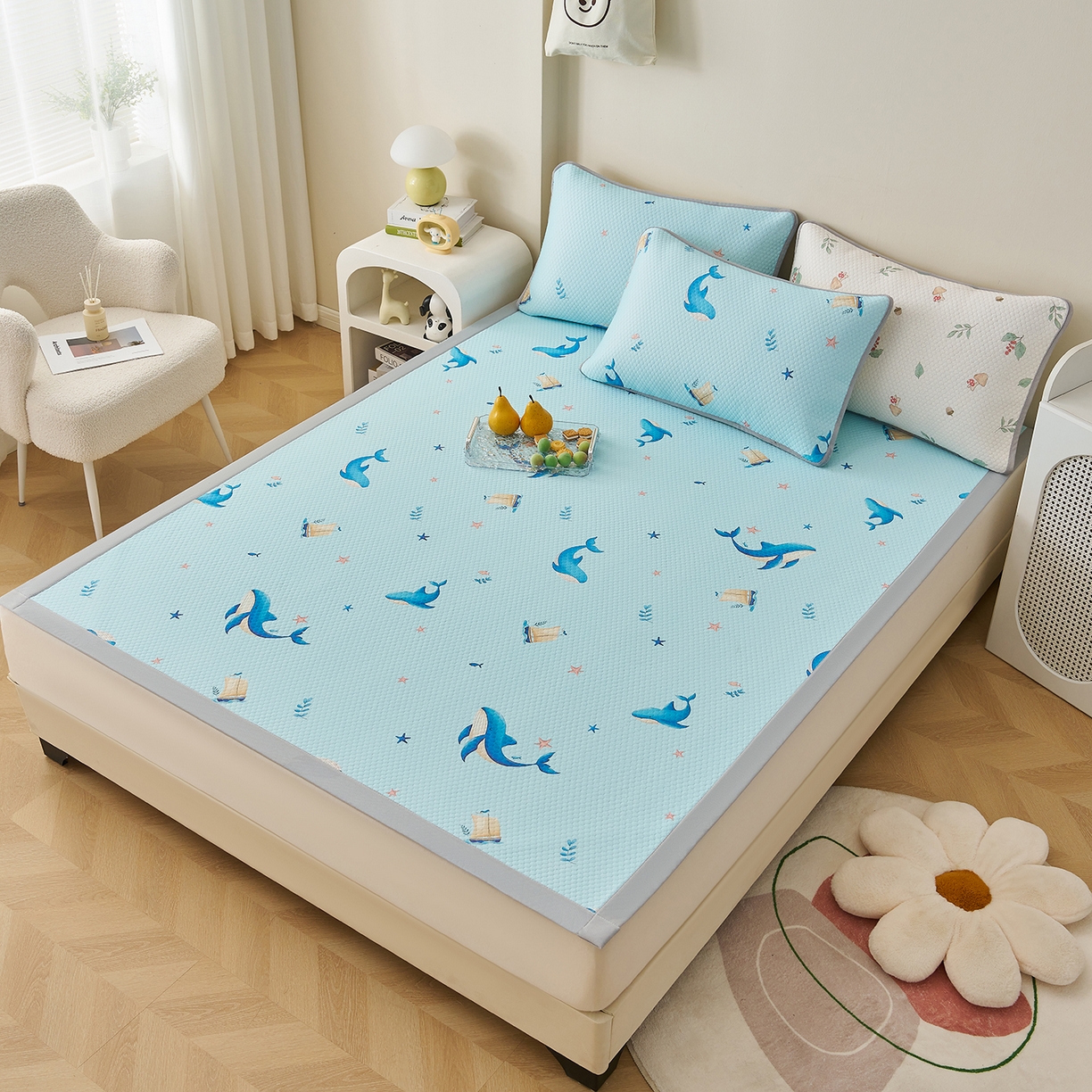 91家纺网 家纺一手货源 找家纺 家品罗兰 2026新款夏季A类印花冰豆豆凉席三明治透气网冰丝凉席家用双人冰丝席床单-大床图 海洋世界