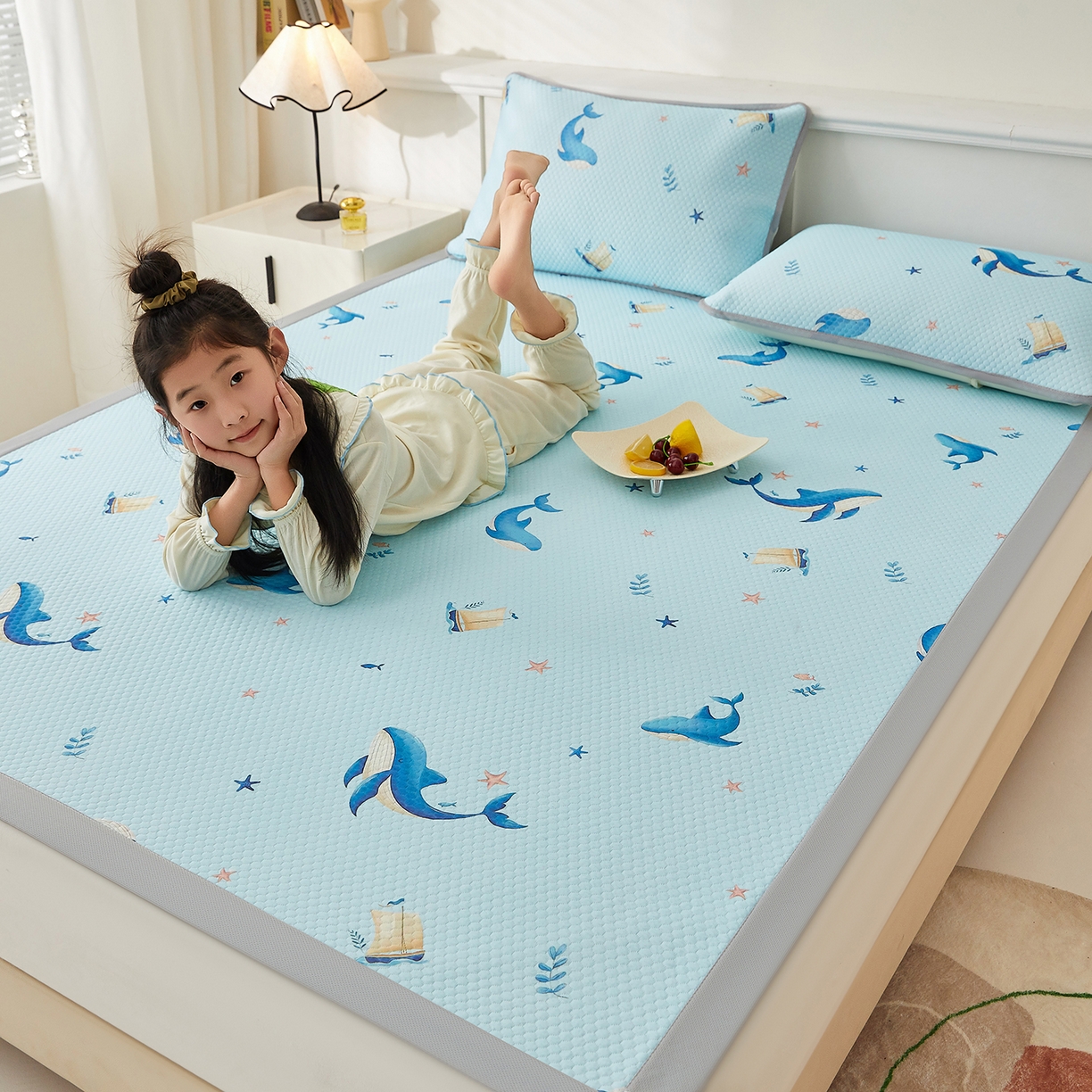 91家纺网 家纺一手货源 找家纺 家品罗兰 2026新款夏季A类印花冰豆豆凉席三明治透气网冰丝凉席家用双人冰丝席床单-大床图 海洋世界