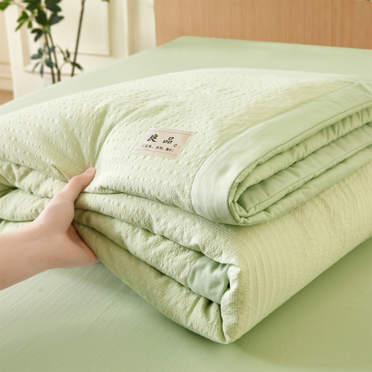 91家纺网 家纺一手货源 找家纺 招财星家纺 2026新款A类奶芙棉大豆夏被四件套空调被被子夏凉被芯薄被子（带质检报告买家秀） 奶芙芙-果绿