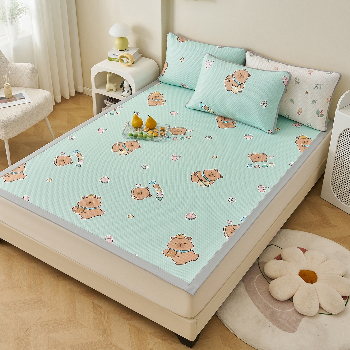 91家纺网 家纺一手货源 找家纺 家品罗兰 2026新款夏季A类印花冰豆豆凉席三明治透气网冰丝凉席家用双人冰丝席床单-大床图 卡皮巴拉