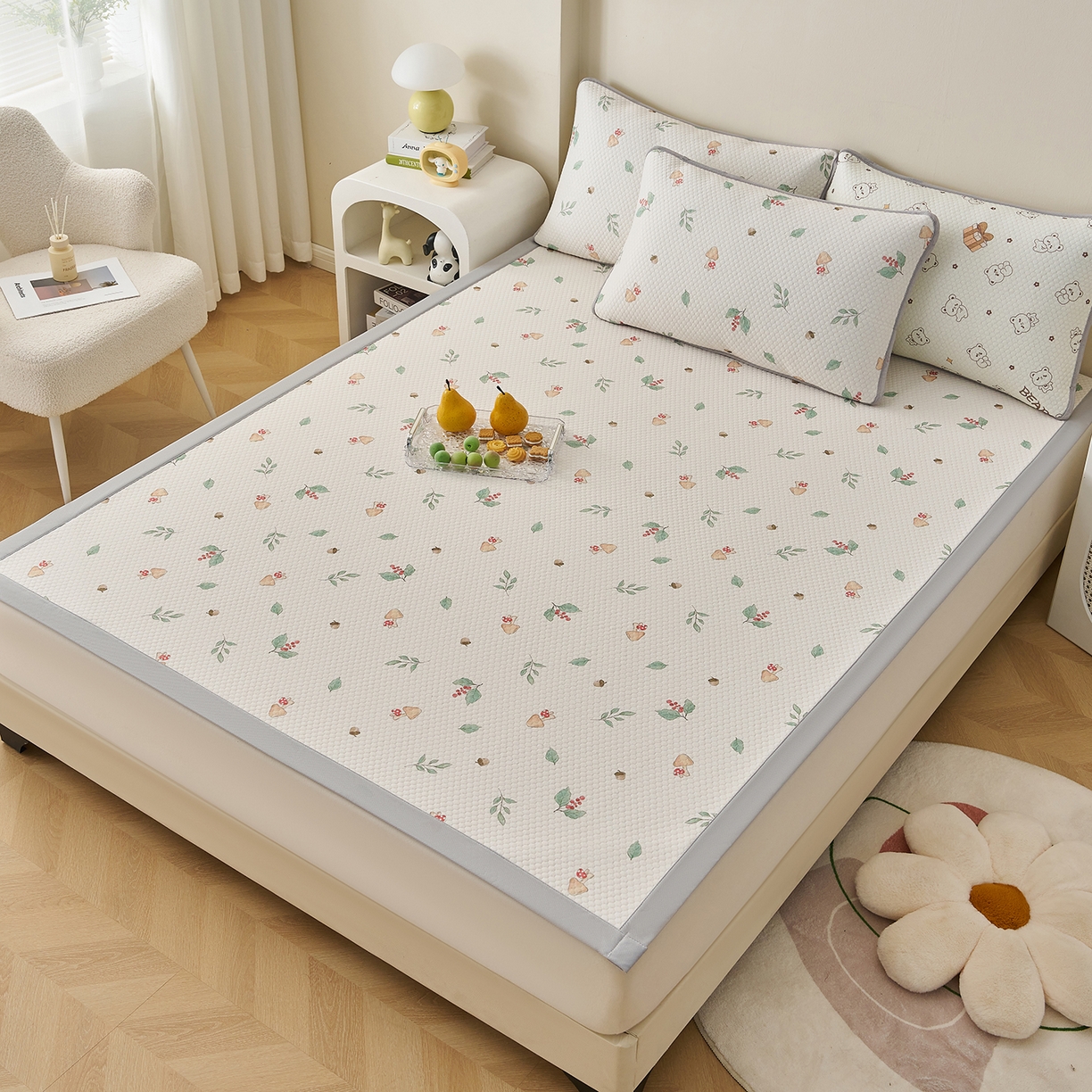 91家纺网 家纺一手货源 找家纺 家品罗兰 2026新款夏季A类印花冰豆豆凉席三明治透气网冰丝凉席家用双人冰丝席床单-大床图 蘑菇乐园