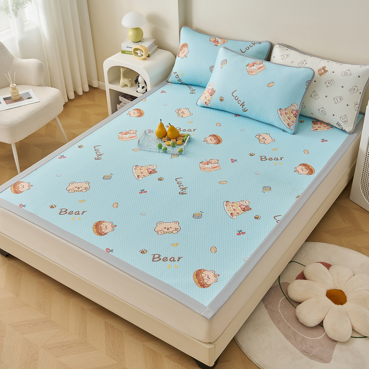 91家纺网 家纺一手货源 找家纺 家品罗兰 2026新款夏季A类印花冰豆豆凉席三明治透气网冰丝凉席家用双人冰丝席床单-大床图 甜甜圈