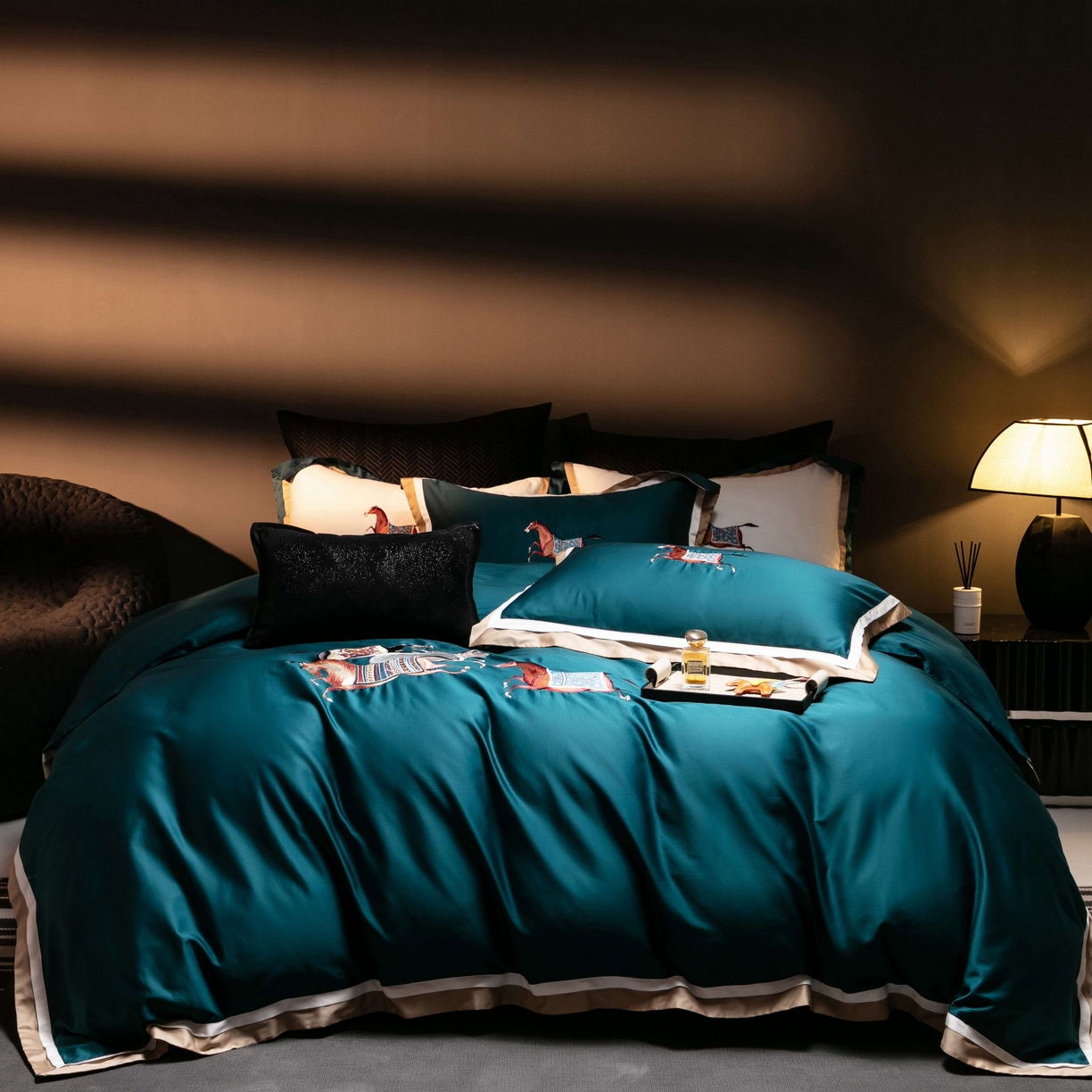 色鬼布艺高端家居主号 2026马年贺岁款100支长绒棉刺绣四件套-奔腾 奔腾-蓝