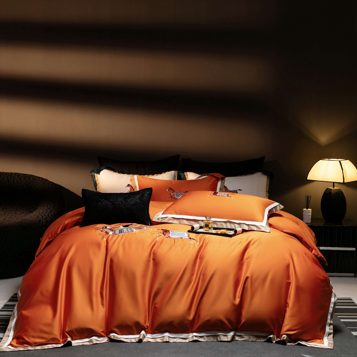 色鬼布艺高端家居主号 2026马年贺岁款100支长绒棉刺绣四件套-奔腾 奔腾-橙