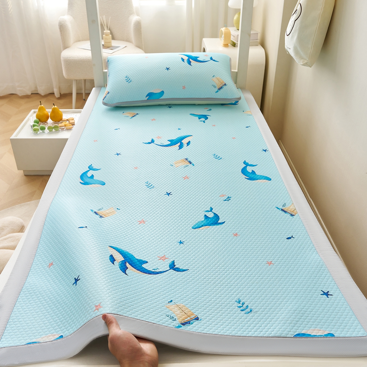 家品罗兰 2026新款夏季A类印花冰豆豆凉席三明治透气网冰丝凉席家用双人冰丝席床单-学生床 海洋世界