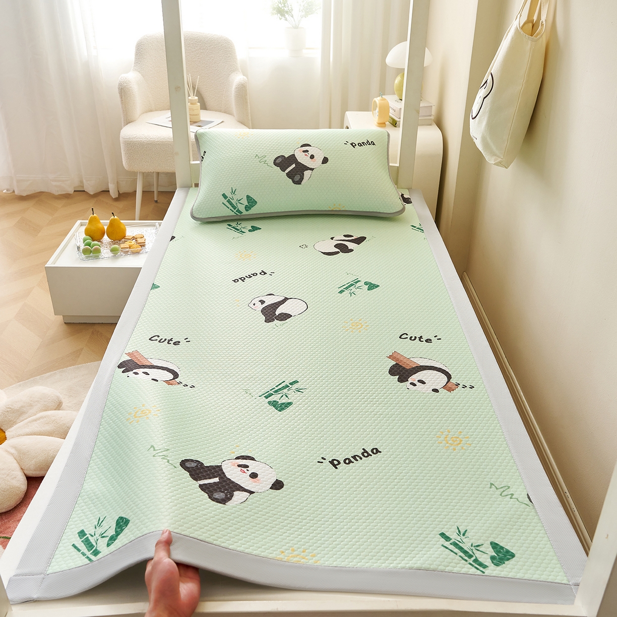 家品罗兰 2026新款夏季A类印花冰豆豆凉席三明治透气网冰丝凉席家用双人冰丝席床单-学生床 熊猫家园