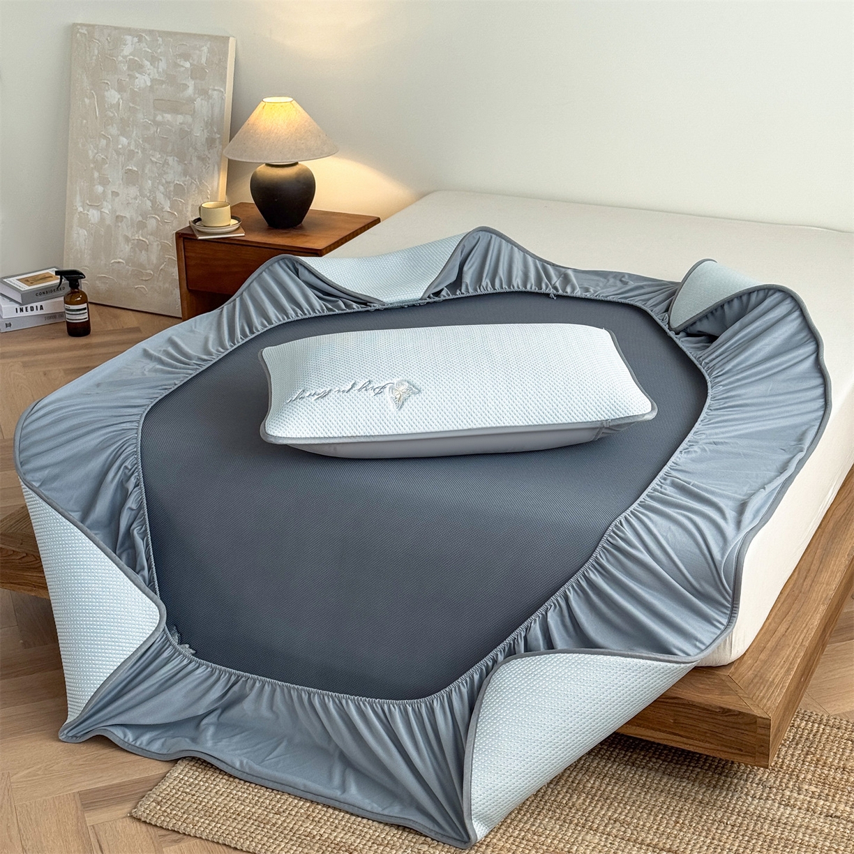 91家纺网 家纺一手货源 找家纺 鑫姿席业 2026新款5A抗菌PE提花凉感席凉席席子蝶舞福禄 蝶舞福禄-蓝（床笠款）