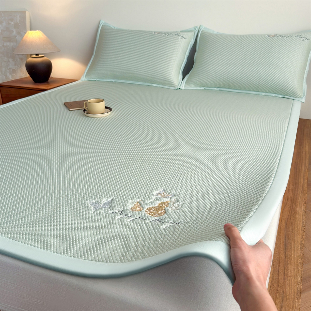 鑫姿席业 2026新款5A抗菌PE提花凉感席凉席席子蝶舞福禄 蝶舞福禄-绿（床席款）