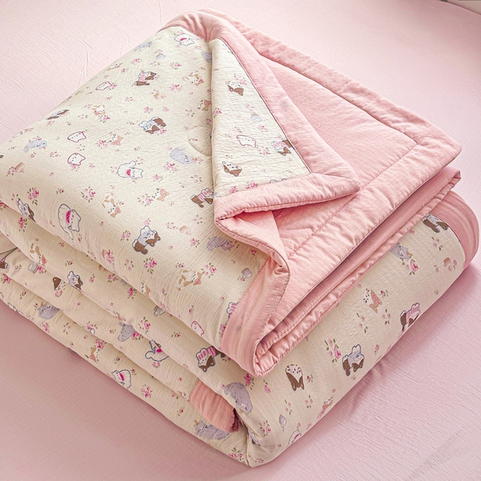 91家纺网 家纺一手货源 找家纺 爱屋及屋 2026新款小清新双层纱宽包边棉花被夏凉被空调被夏被 春日小猫