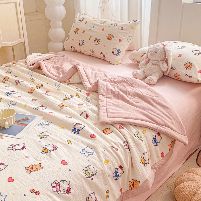 91家纺网 家纺一手货源 找家纺 爱屋及屋 2026新款小清新双层纱宽包边棉花被夏凉被空调被夏被 像素KT