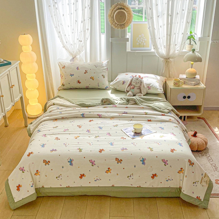 91家纺网 家纺一手货源 找家纺 爱屋及屋 2026新款小清新双层纱宽包边棉花被夏凉被空调被夏被 星星小马