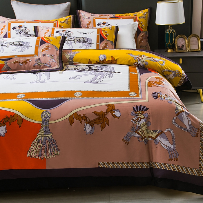 91家纺网 家纺一手货源 找家纺 色鬼布艺高端家居主号 2026新款外贸跨境欧美轻奢100支长绒棉纯棉印花四件套 经典马