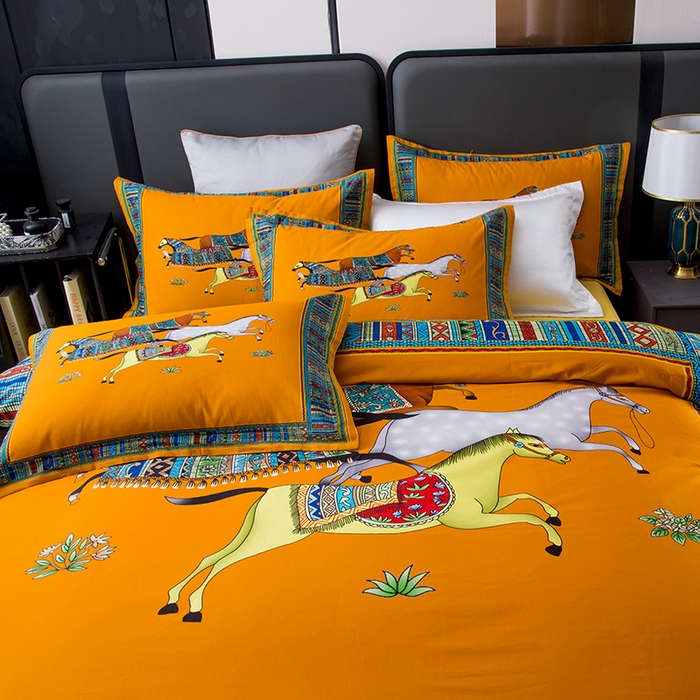 91家纺网 家纺一手货源 找家纺 色鬼布艺高端家居主号 2026新款外贸跨境欧美轻奢100支长绒棉纯棉印花四件套 群马黄