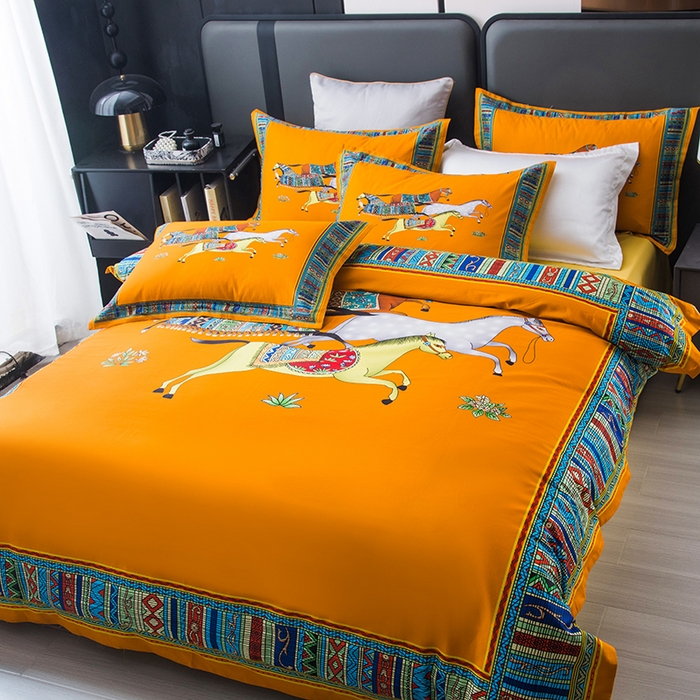 91家纺网 家纺一手货源 找家纺 色鬼布艺高端家居主号 2026新款外贸跨境欧美轻奢100支长绒棉纯棉印花四件套 群马黄