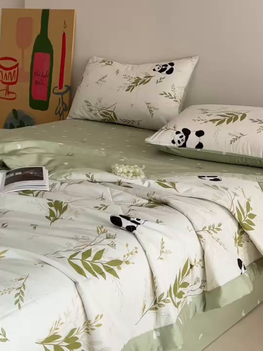 91家纺网 家纺一手货源 找家纺 宝士康家纺 2026新款10A抗菌全棉夏被四件套（床单款）欢乐熊猫