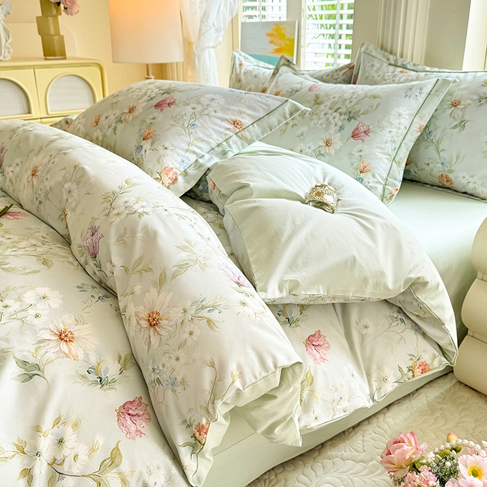 91家纺网 家纺一手货源 找家纺 巧玲珑 2026新款全棉纯棉13376数码印花四件套 明媚春晖-绿