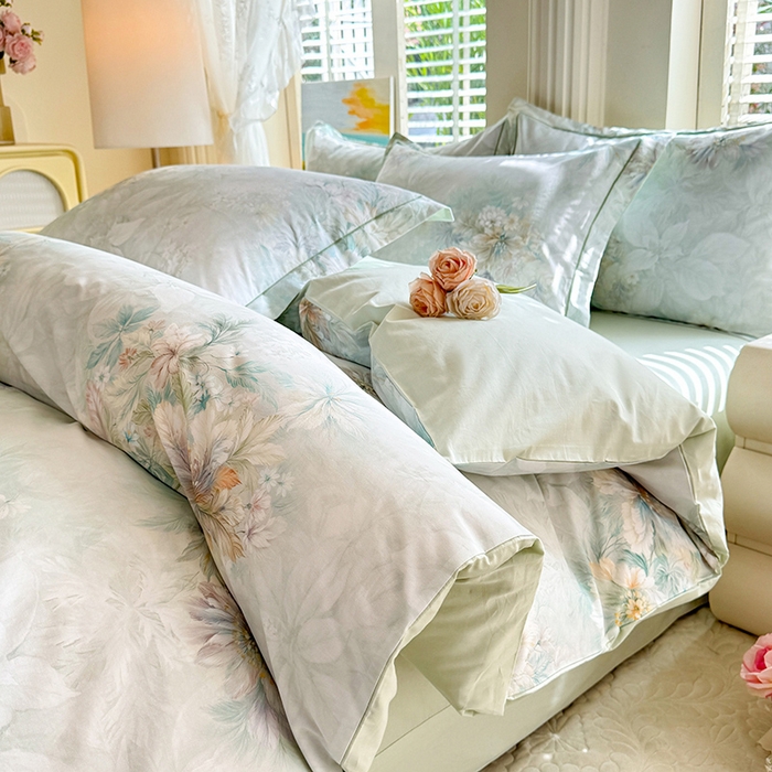 91家纺网 家纺一手货源 找家纺 巧玲珑 2026新款全棉纯棉13376数码印花四件套 晚风织梦-绿