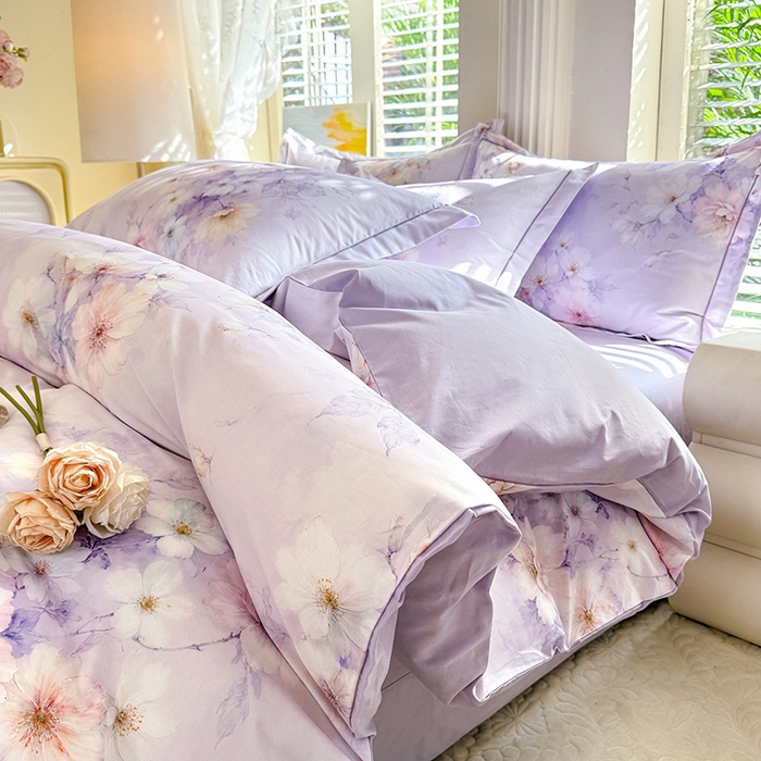 巧玲珑 2026新款全棉纯棉13376数码印花四件套 林间拾花-紫