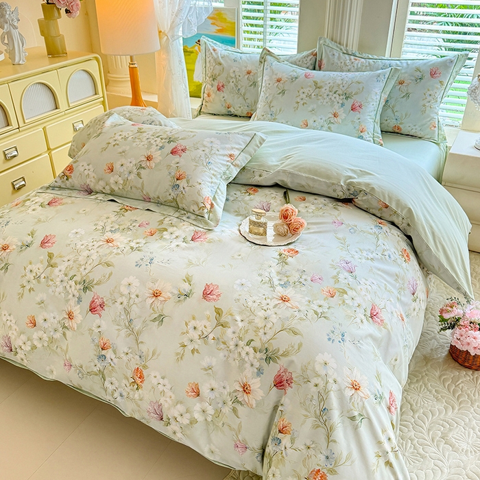 91家纺网 家纺一手货源 找家纺 巧玲珑 2026新款全棉纯棉13376数码印花四件套 明媚春晖-绿