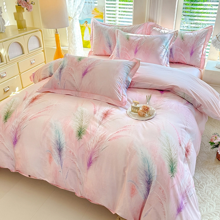 91家纺网 家纺一手货源 找家纺 巧玲珑 2026新款全棉纯棉13376数码印花四件套 穗芒漫歌-粉