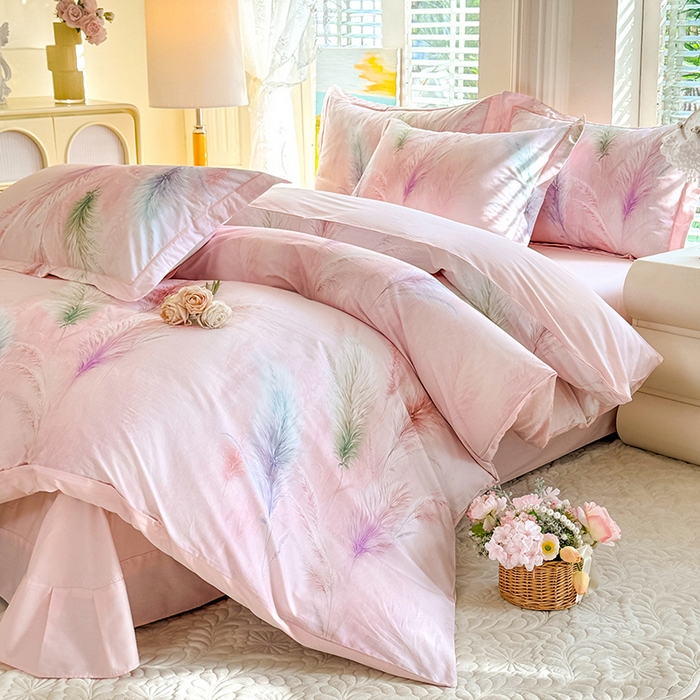 91家纺网 家纺一手货源 找家纺 巧玲珑 2026新款全棉纯棉13376数码印花四件套 穗芒漫歌-粉