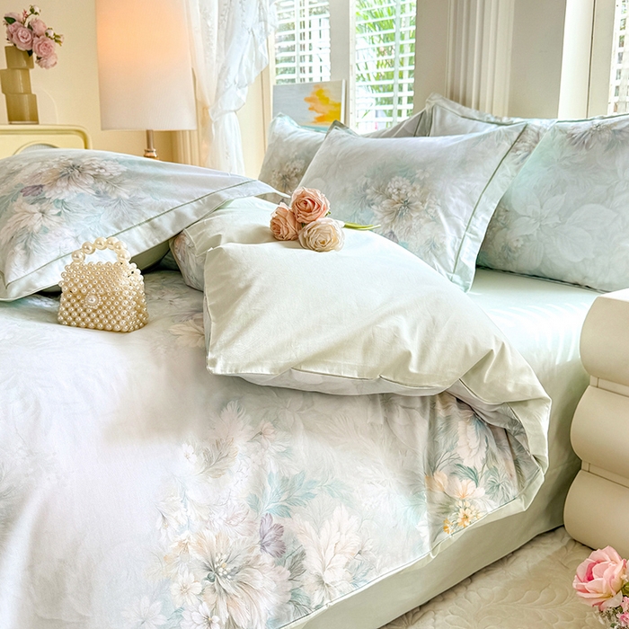 91家纺网 家纺一手货源 找家纺 巧玲珑 2026新款全棉纯棉13376数码印花四件套 晚风织梦-绿