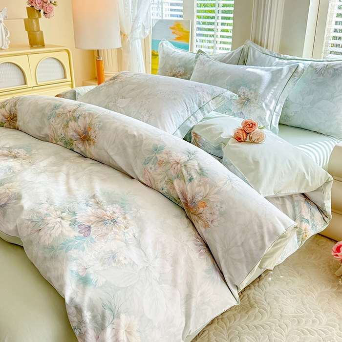 91家纺网 家纺一手货源 找家纺 巧玲珑 2026新款全棉纯棉13376数码印花四件套 晚风织梦-绿