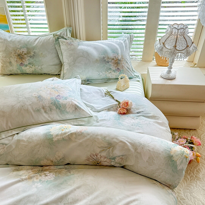 91家纺网 家纺一手货源 找家纺 巧玲珑 2026新款全棉纯棉13376数码印花四件套 晚风织梦-绿