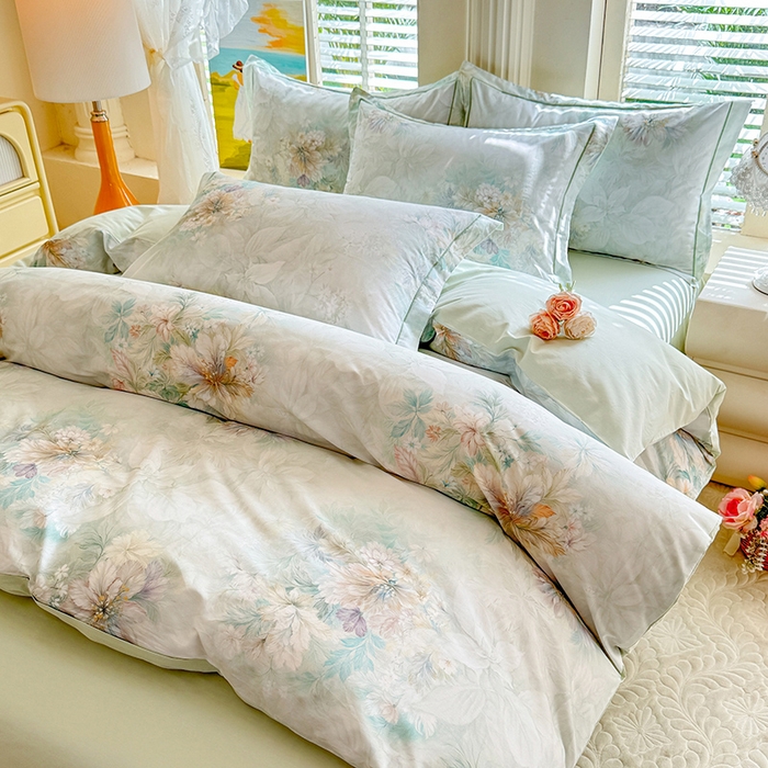 91家纺网 家纺一手货源 找家纺 巧玲珑 2026新款全棉纯棉13376数码印花四件套 晚风织梦-绿