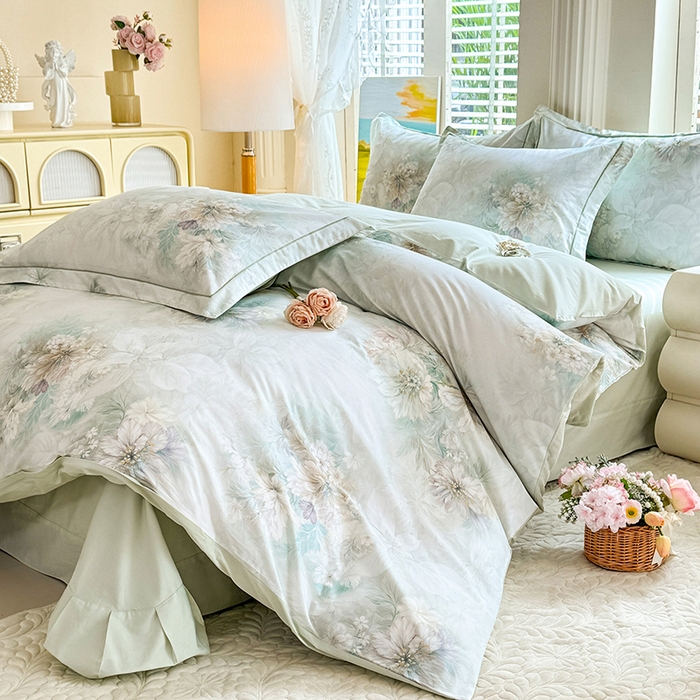 91家纺网 家纺一手货源 找家纺 巧玲珑 2026新款全棉纯棉13376数码印花四件套 晚风织梦-绿