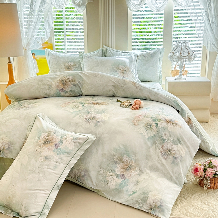 91家纺网 家纺一手货源 找家纺 巧玲珑 2026新款全棉纯棉13376数码印花四件套 晚风织梦-绿