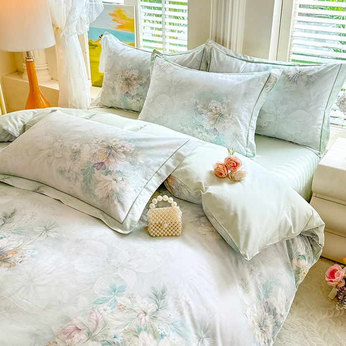 91家纺网 家纺一手货源 找家纺 巧玲珑 2026新款全棉纯棉13376数码印花四件套 晚风织梦-绿