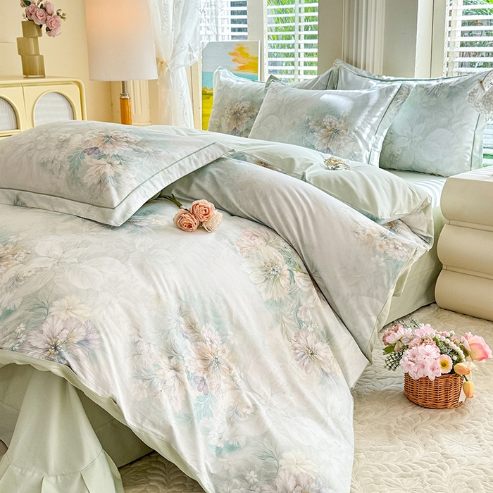 91家纺网 家纺一手货源 找家纺 巧玲珑 2026新款全棉纯棉13376数码印花四件套 晚风织梦-绿