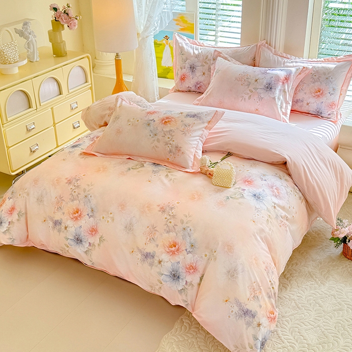 91家纺网 家纺一手货源 找家纺 巧玲珑 2026新款全棉纯棉13376数码印花四件套 悦下花影-粉