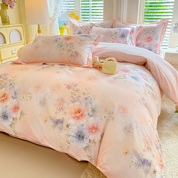 91家纺网 家纺一手货源 找家纺 巧玲珑 2026新款全棉纯棉13376数码印花四件套 悦下花影-粉