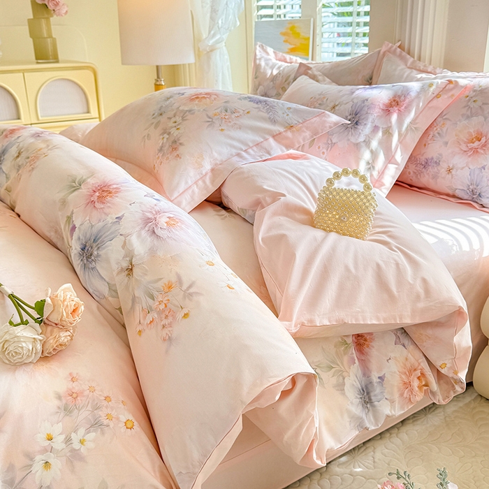 91家纺网 家纺一手货源 找家纺 巧玲珑 2026新款全棉纯棉13376数码印花四件套 悦下花影-粉