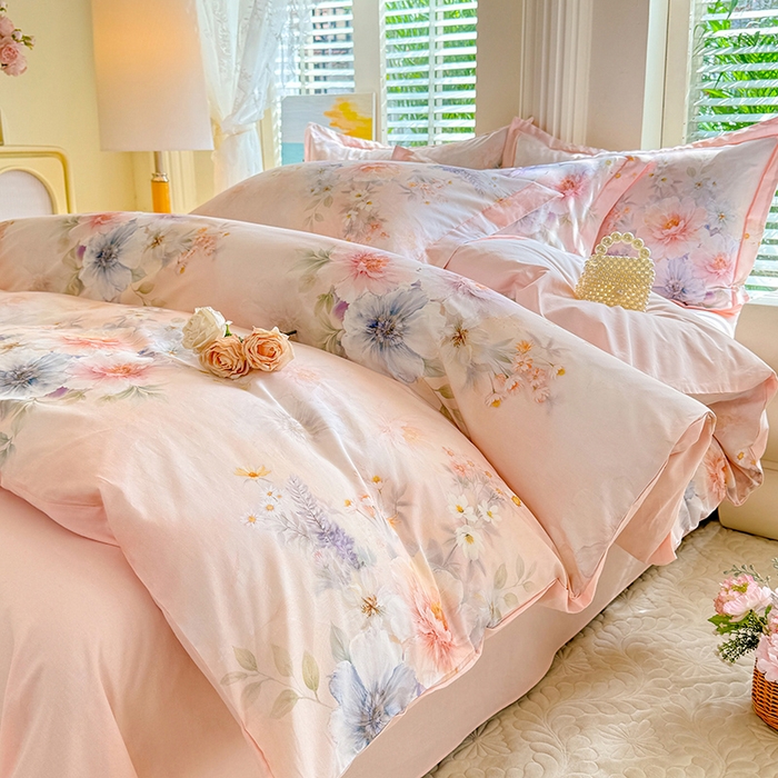 91家纺网 家纺一手货源 找家纺 巧玲珑 2026新款全棉纯棉13376数码印花四件套 悦下花影-粉