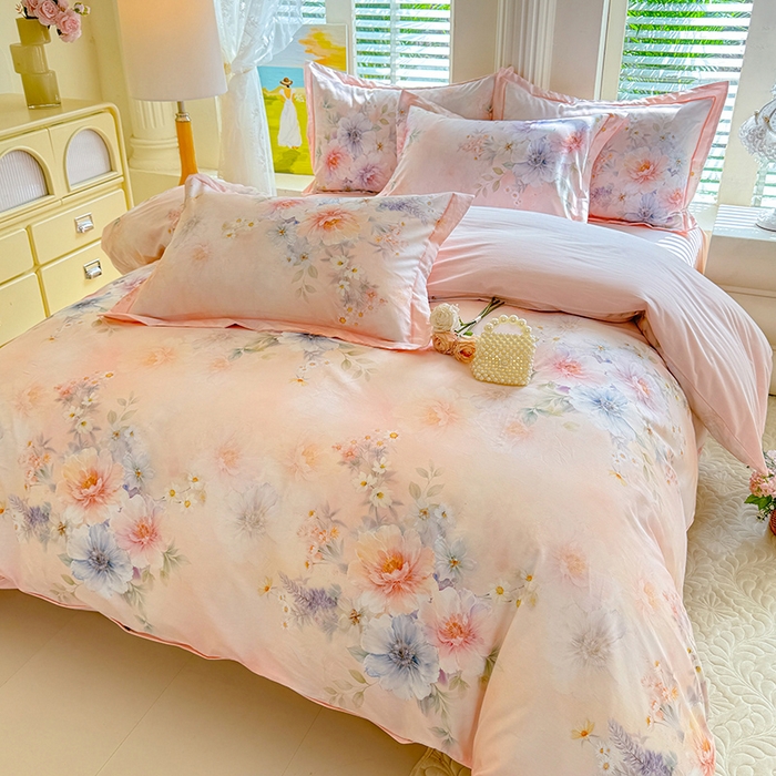 91家纺网 家纺一手货源 找家纺 巧玲珑 2026新款全棉纯棉13376数码印花四件套 悦下花影-粉