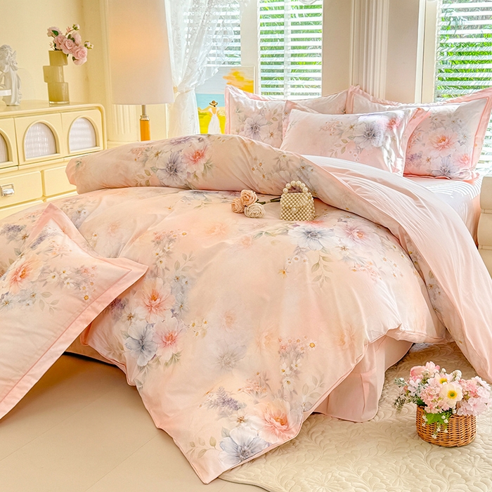 91家纺网 家纺一手货源 找家纺 巧玲珑 2026新款全棉纯棉13376数码印花四件套 悦下花影-粉