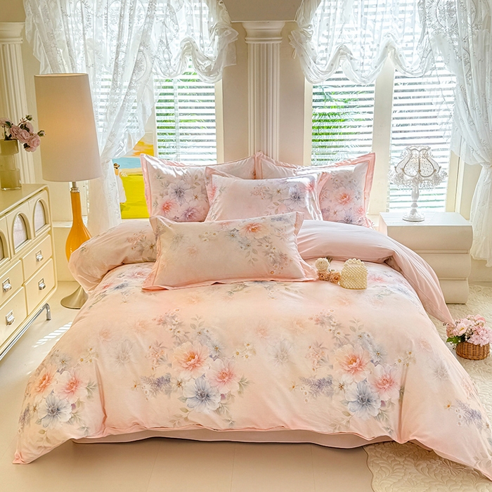 91家纺网 家纺一手货源 找家纺 巧玲珑 2026新款全棉纯棉13376数码印花四件套 悦下花影-粉